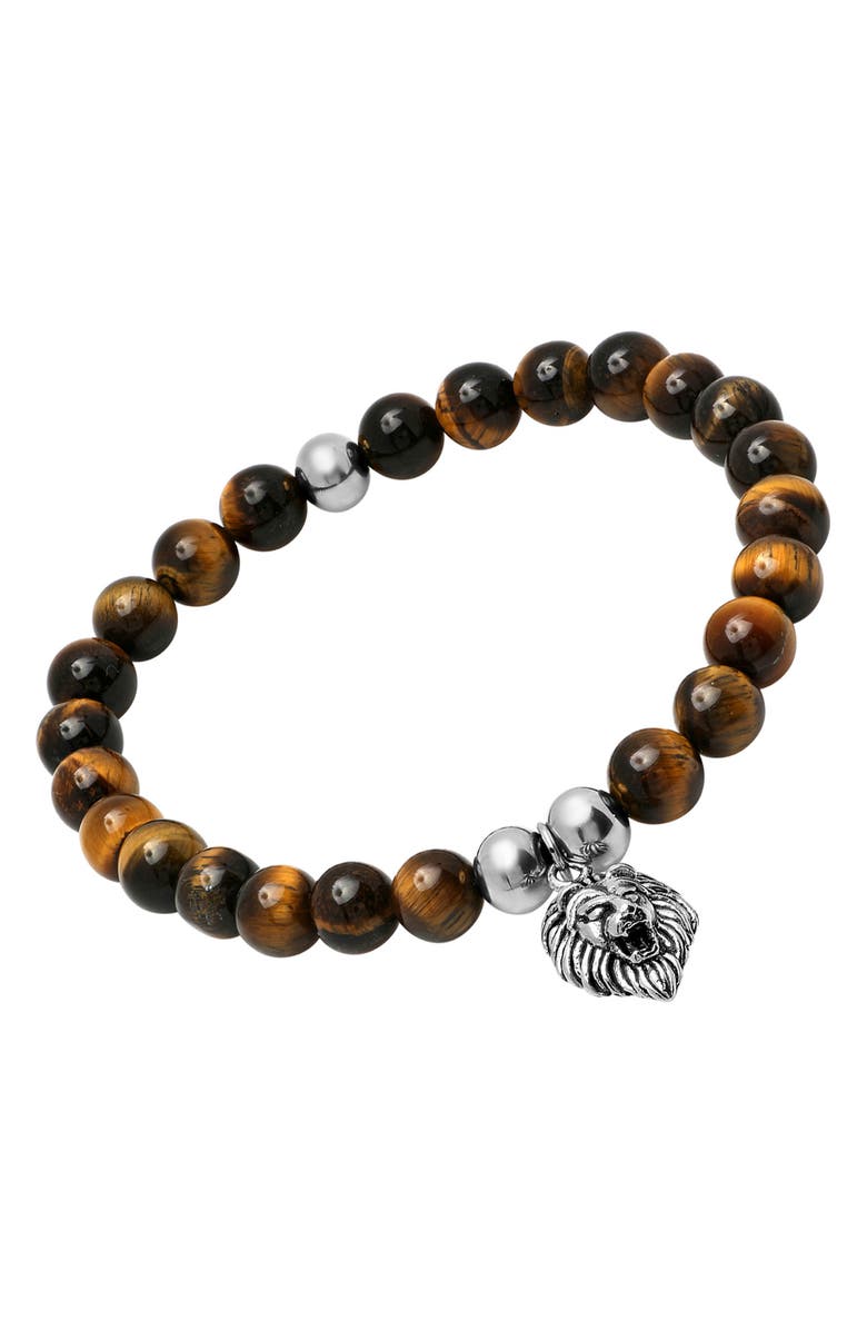 HMY JEWELRY Stainless Steel & Tiger Eye Beaded Tiger Charm Bracelet, Alternate, color, 