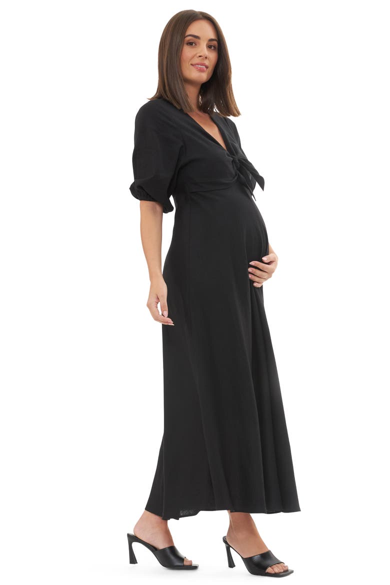 Camille Tie Front Linen Blend Maternity/Nursing Dress, Alternate, color, BLACK