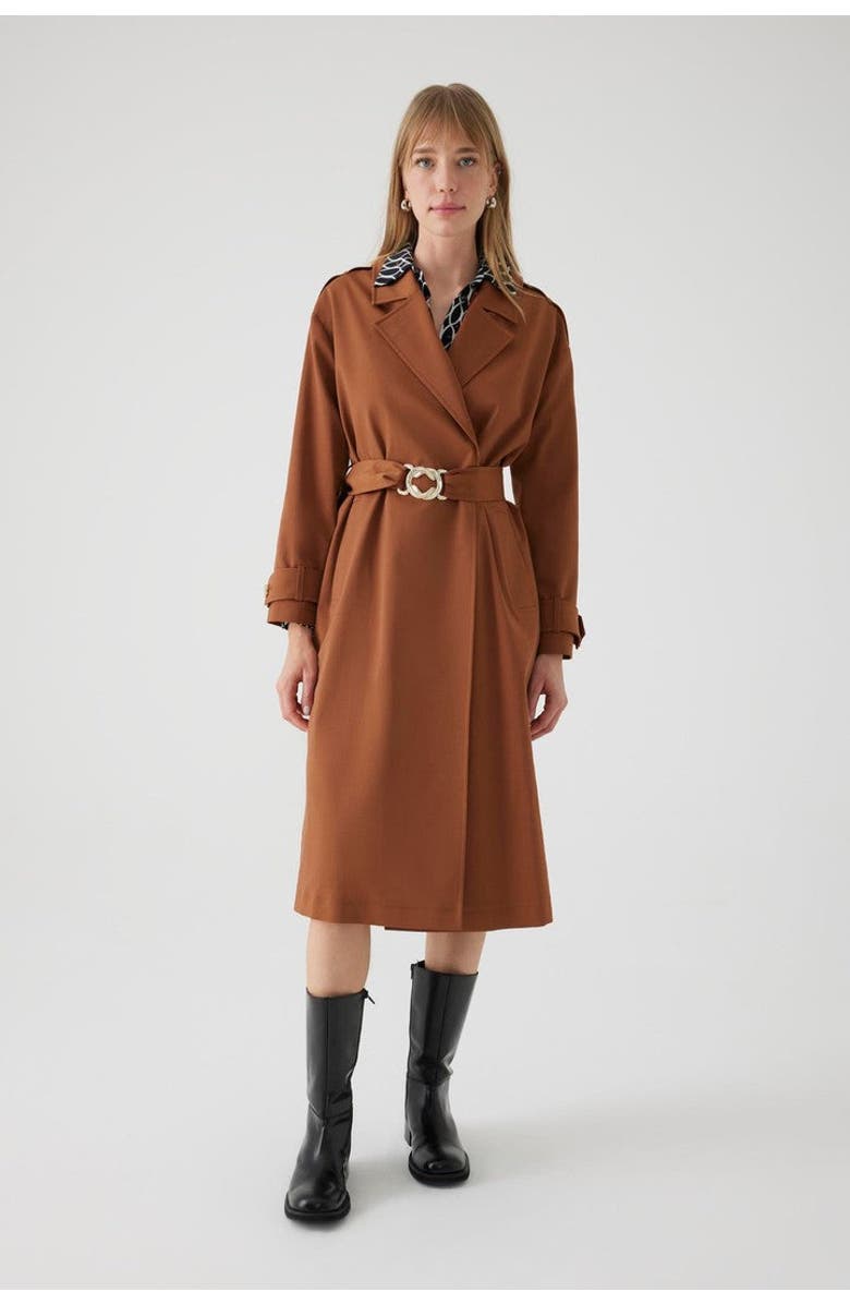 Exquise Aisha Belted Trenchcoat, Alternate, color, Camel