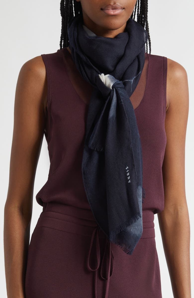 Akris Wildflower Print Cashmere Scarf, Alternate, color, Navy-Ecru