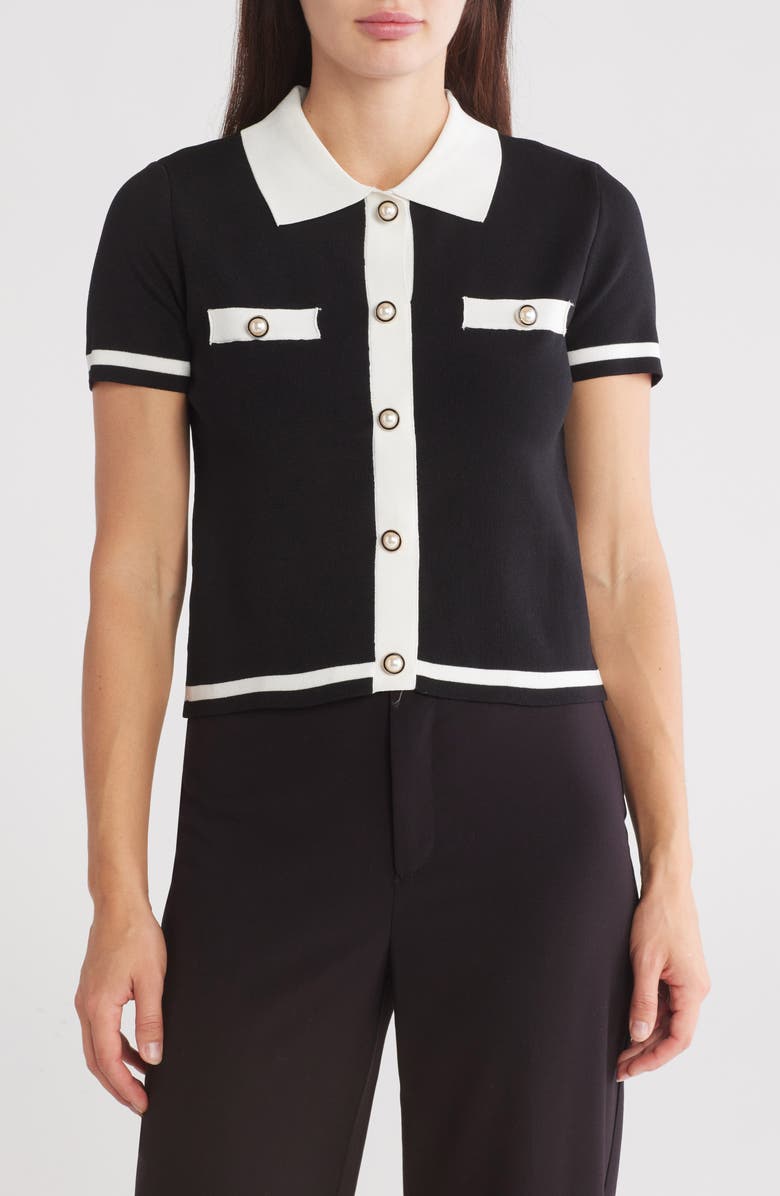 Laundry by Shelli Segal Contrast Trim Short Sleeve Crop Cardigan, Main, color,