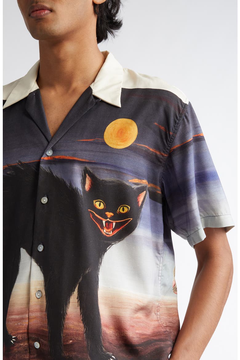 Cat Border Silk Crepe Button-Up Shirt, Alternate, color, IVORY MULTI