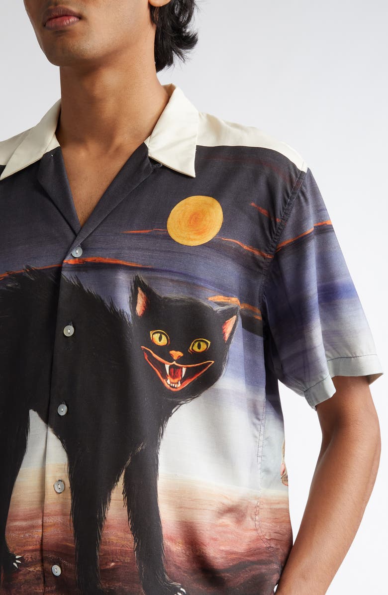 ENDLESS JOY Cat Border Silk Crepe Button-Up Shirt, Alternate, color, 