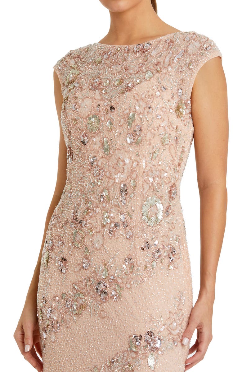 Mac Duggal Floral Embellished Cap Sleeve Column Evening Gown, Alternate, color, Beige Silver