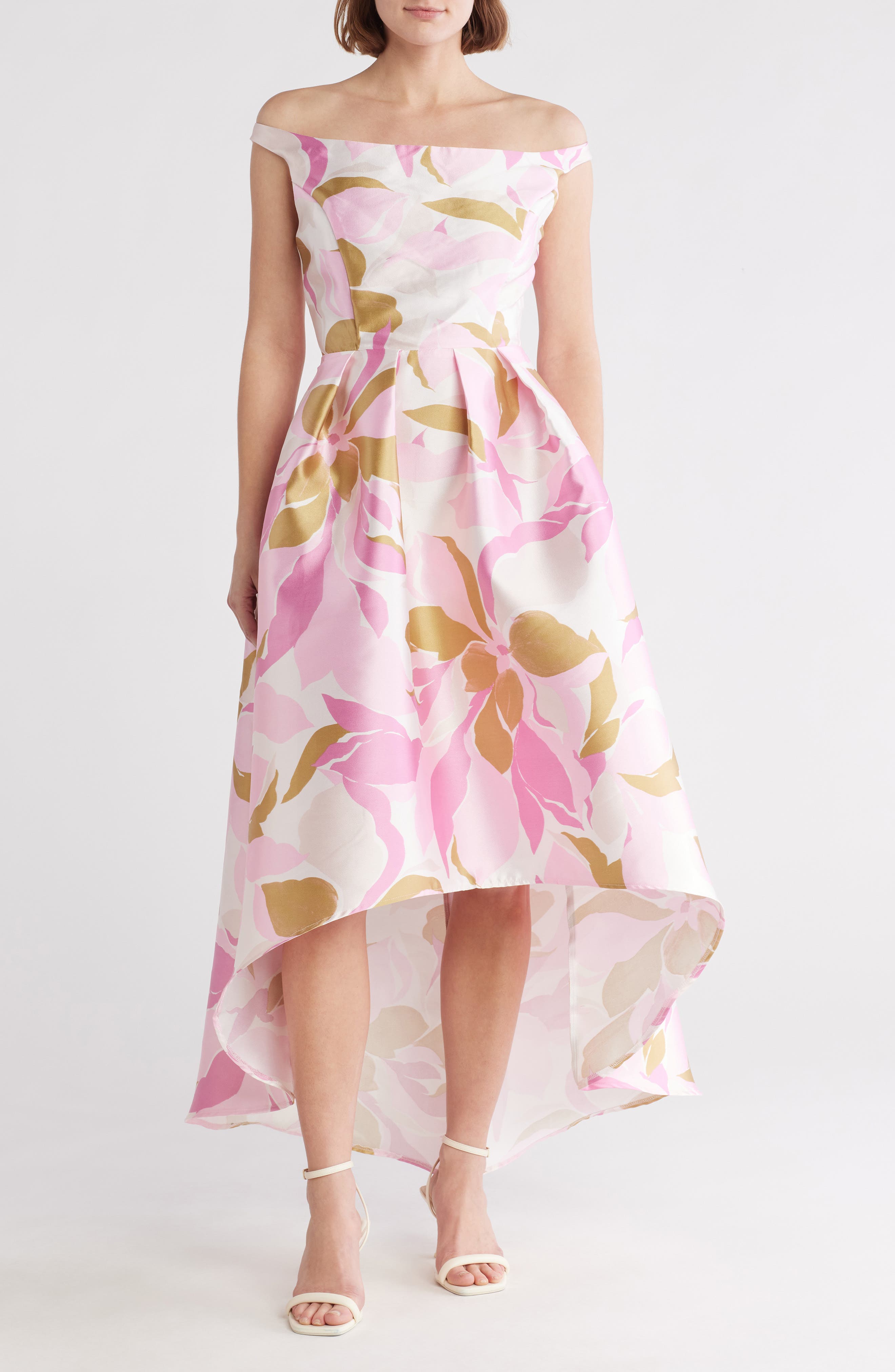 Donna Ricco Floral Off the Shoulder A-Line High-Low Gown