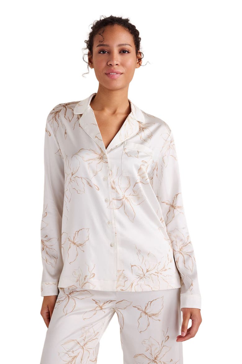 Washable Silk Floral Notch Collar Pajama Top, Main, color, Charcoal Floral Ivory Multi