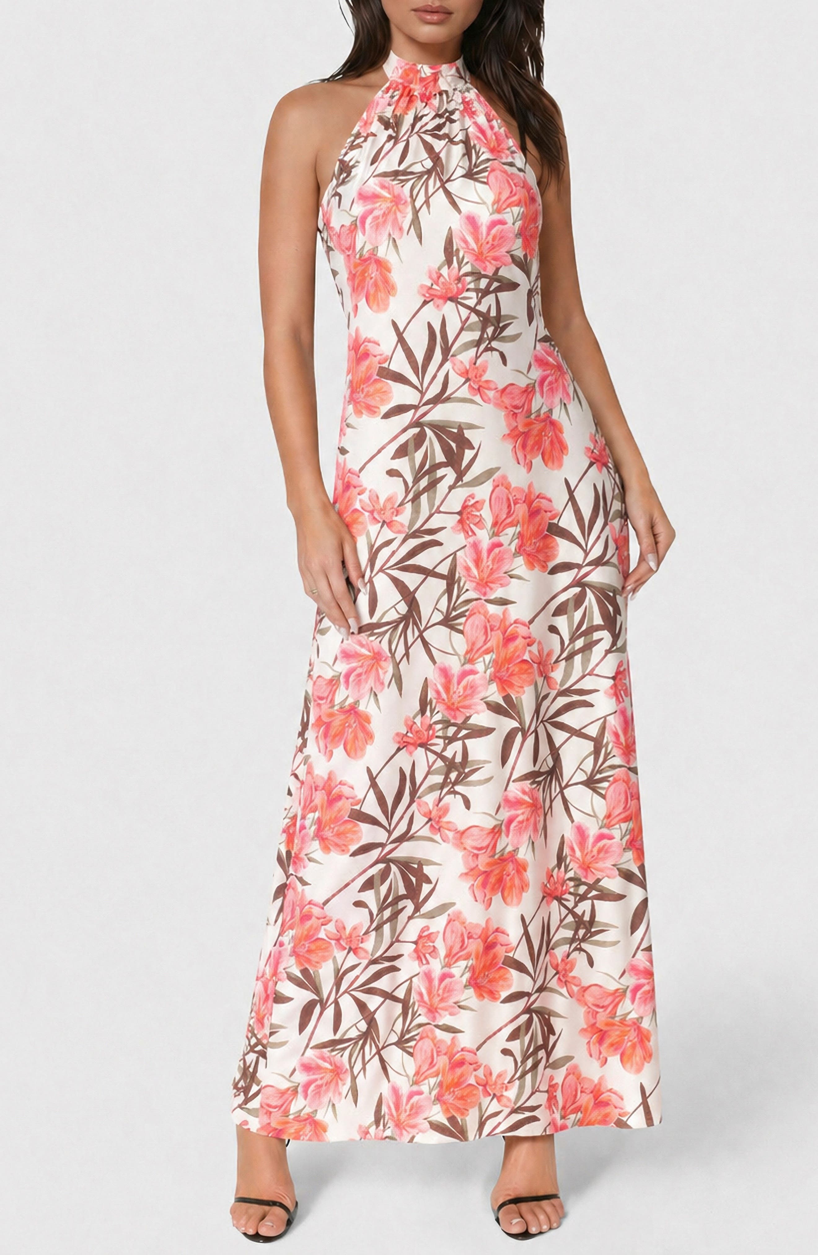 Printed Satin Mock Neck Maxi Dress