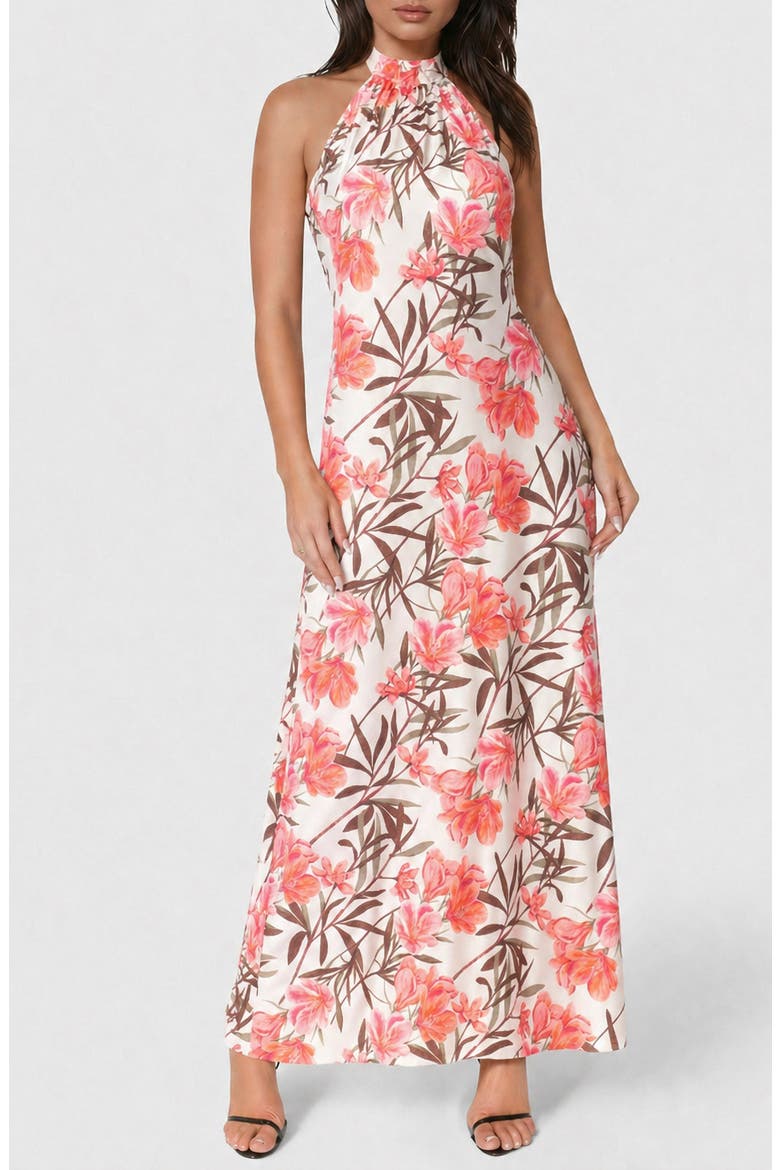Printed Satin Mock Neck Maxi Dress, Main, color, PINK/ WHITE