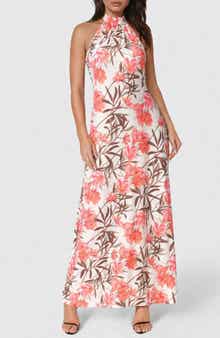 Printed Satin Mock Neck Maxi Dress
