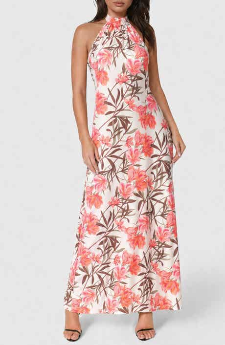 Printed Satin Mock Neck Maxi Dress
