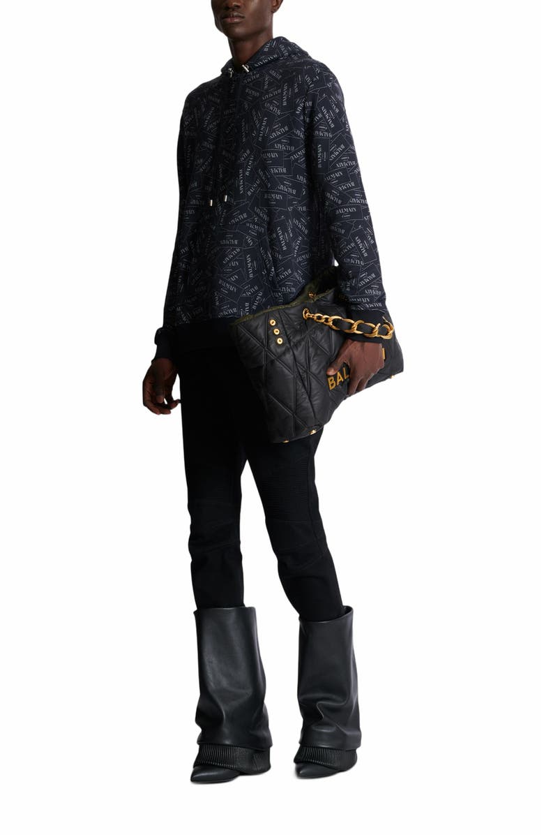 Balmain Hoodie With All-Over Balmain Label Print, Alternate, color, Black