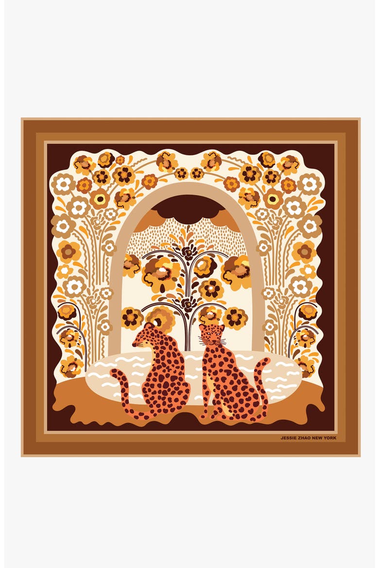Double Sided Wool Silk Scarf Of Leopards With Floral Fountain, Main, color, Brown