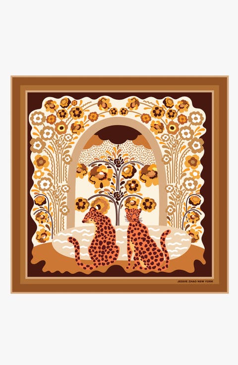 Double Sided Wool Silk Scarf Of Leopards With Floral Fountain