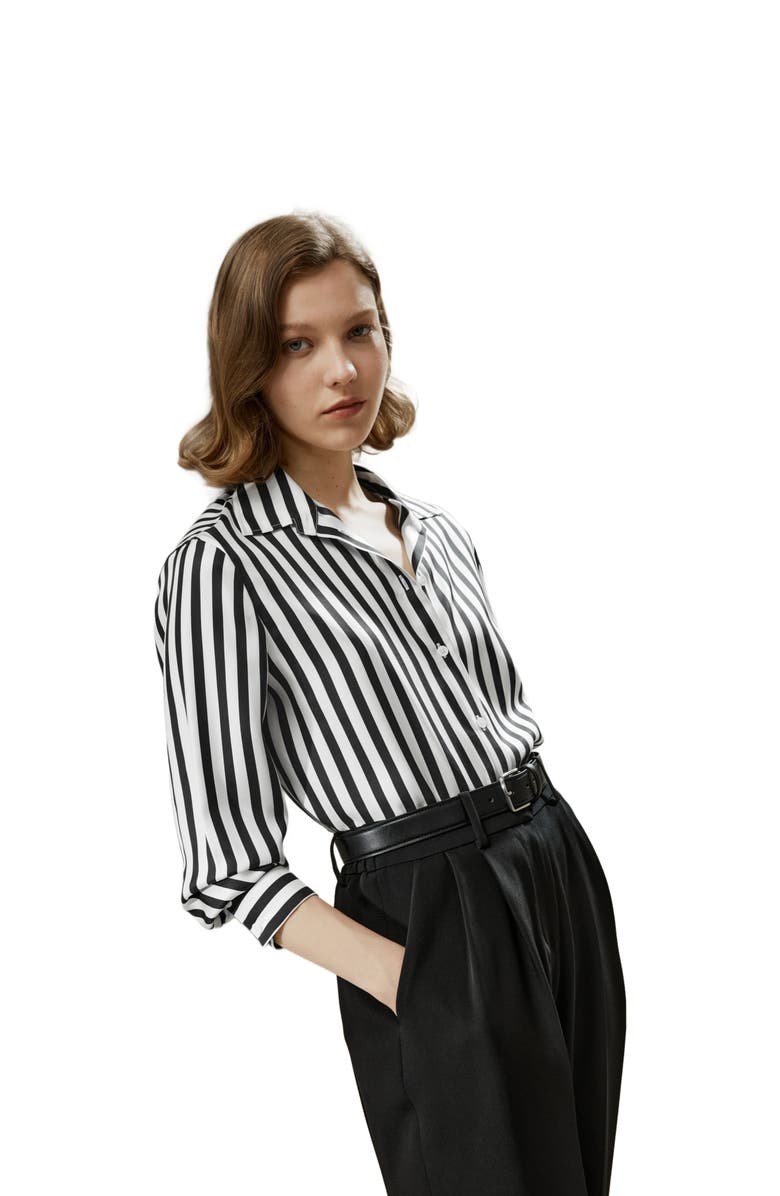 Lilysilk The Amalfi Stripe Silk Shirt, Alternate, color, Black-White Pinstripes