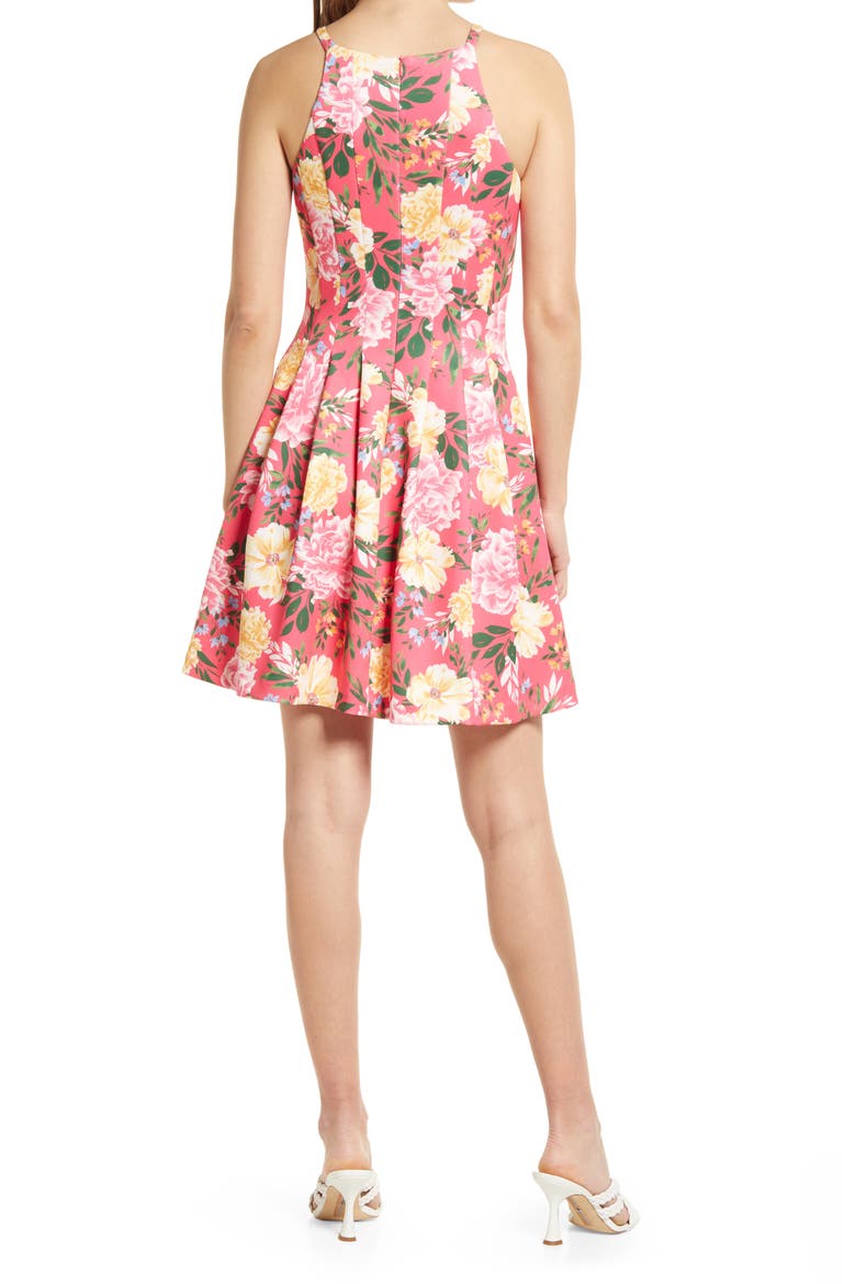 Floral Halter Neck Fit & Flare Scuba Dress, Alternate, color, HOT PINK