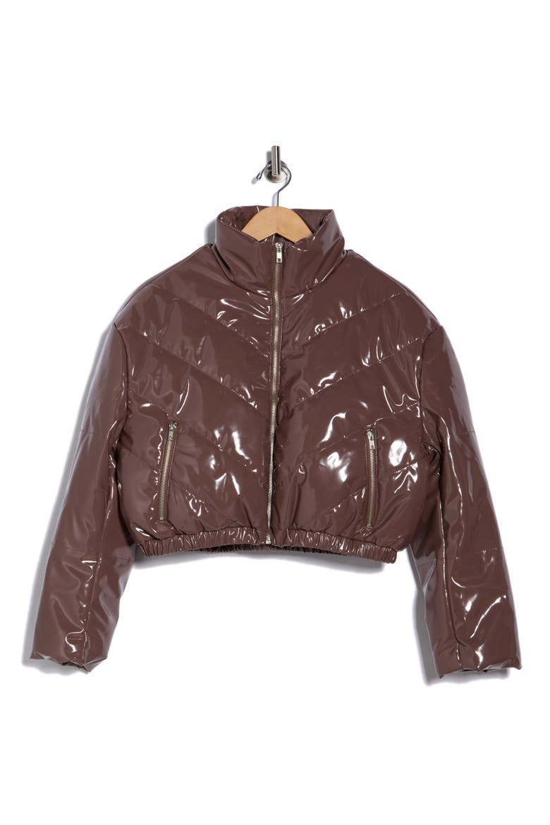 Faux Leather Crop Puffer Jacket, Alternate, color, CHOCOLATE