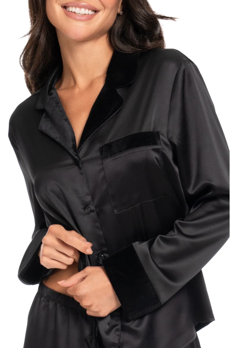 Velvet Trim Satin Pajamas, Alternate, color, BLACK
