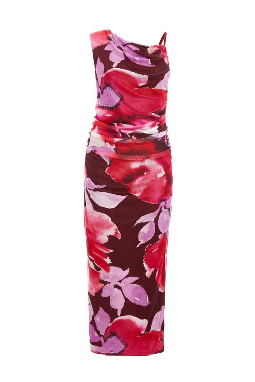 Quiz Floral Asymmetric Ruched Maxi Dress In Berry
