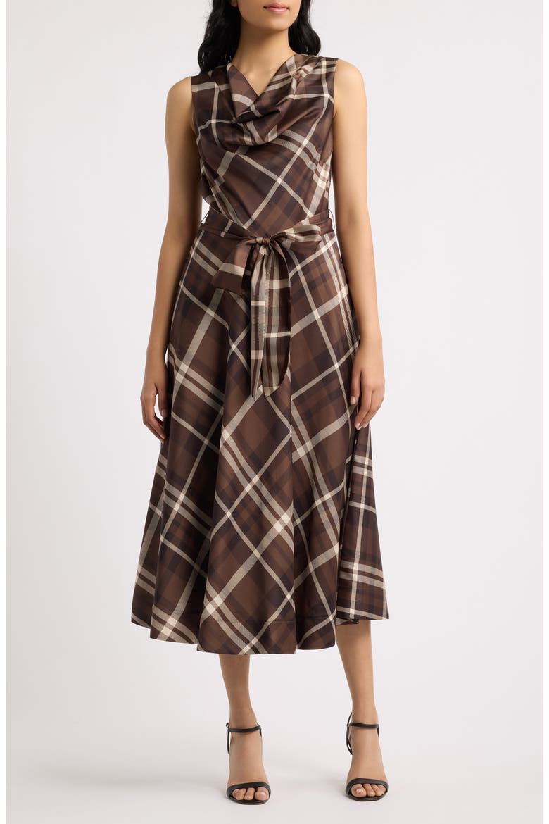 Drape Neck Sleeveless Midi Dress, Main, color, ESPRESSO PLAID