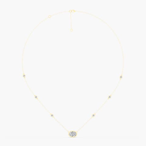 Bezel Oval and Diamond Chain Necklace in 14K