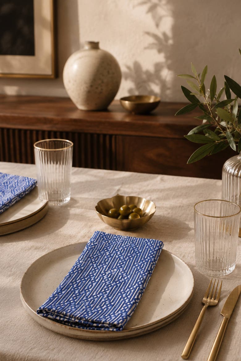 Parijat Geometric Block Print Napkins Set of 4, Alternate, color, Blue