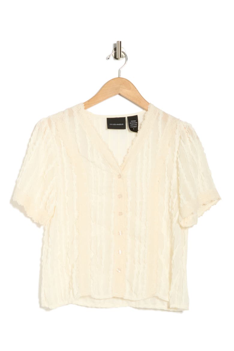 Lace Texture Short Sleeve Button-Up Shirt, Alternate, color, NATURAL