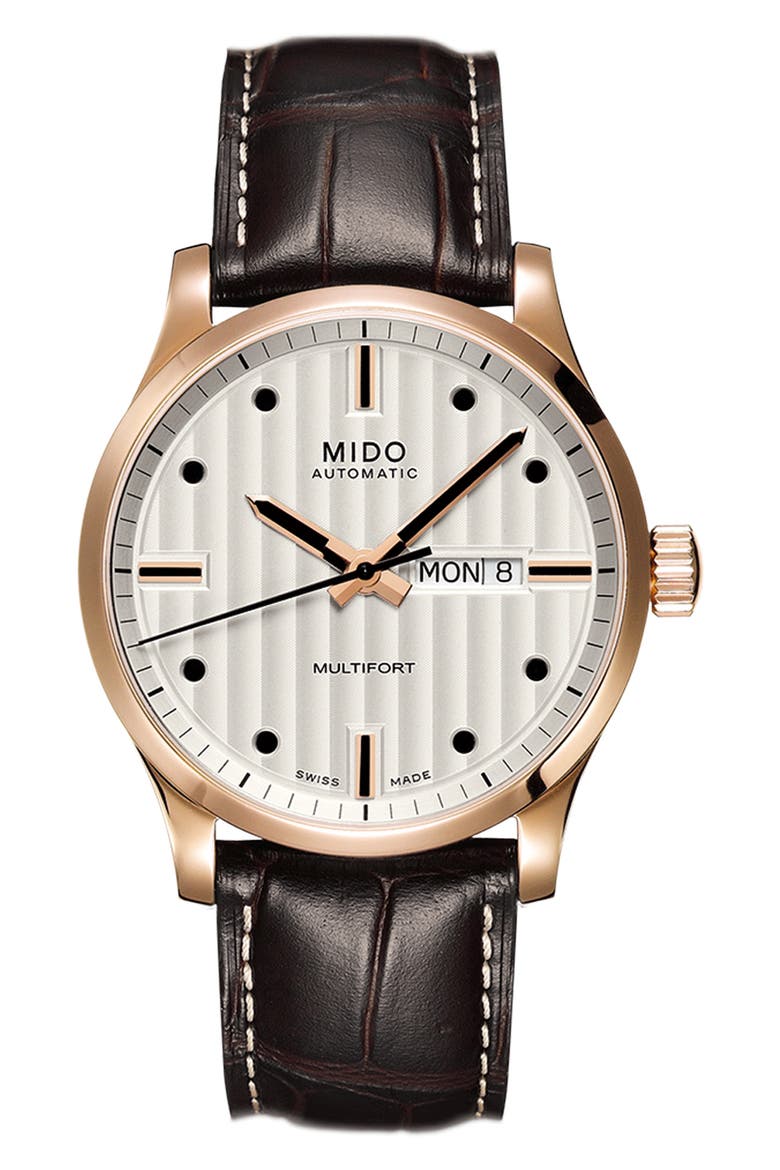 Multifort Automatic Leather Strap Watch, 42mm, Main, color, SILVER