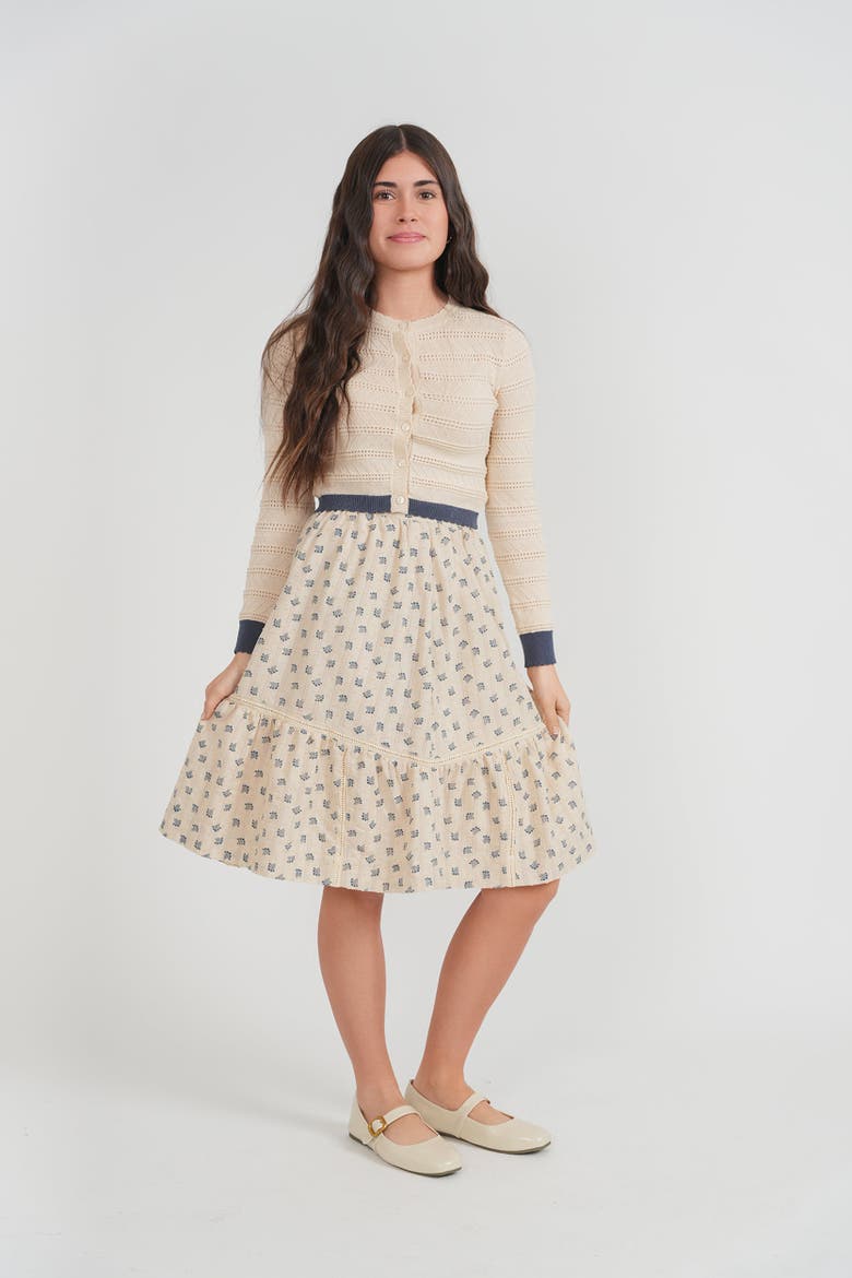 Floral Scallop Trim Cardigan & Lined Skirt Set, Alternate, color, Moonlight