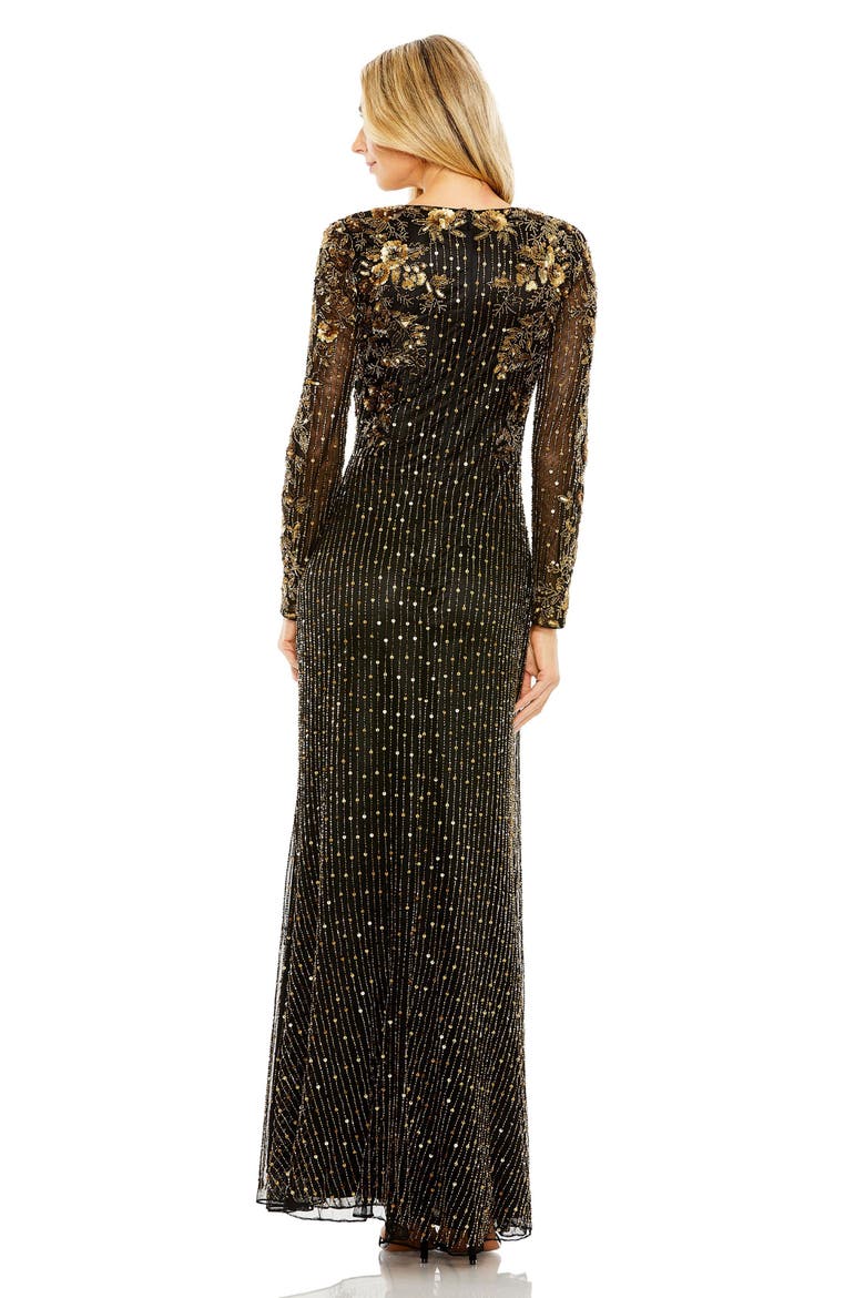 High Neck Long Sleeve Embellished Gown, Alternate, color, Black Gold