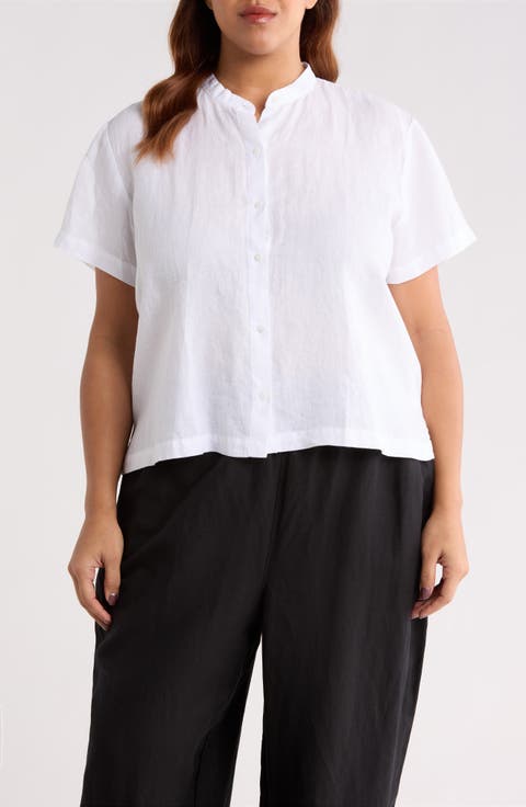 Mandarin Collar Short Sleeve Organic Linen Button-Up Shirt (Plus)
