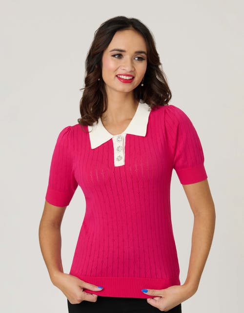 Unique Vintage Collared Short Sleeve Prim & Pretty Sweater In Pink
