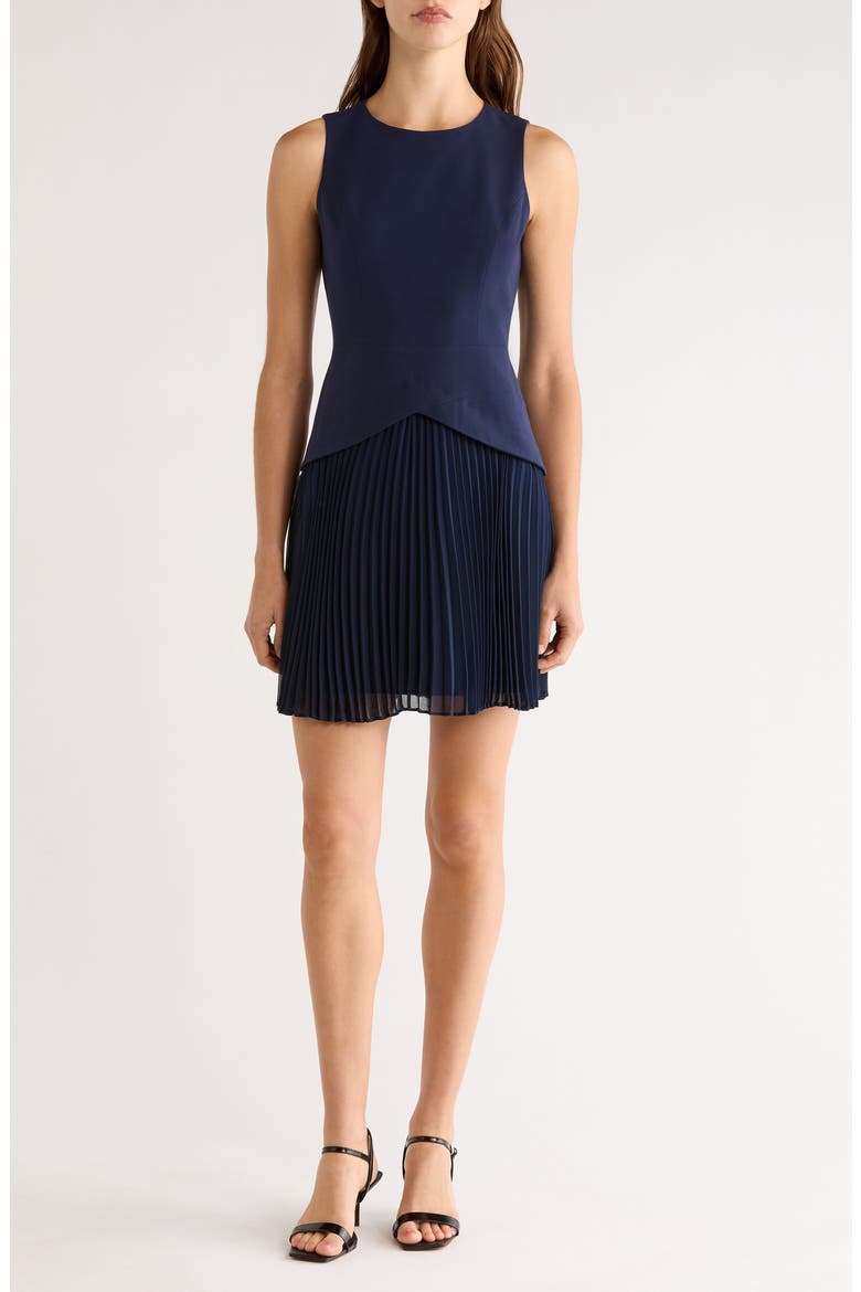 Sleeveless Pleated Skirt Mixed Media Minidress, Main, color, CLASSIC NAVY