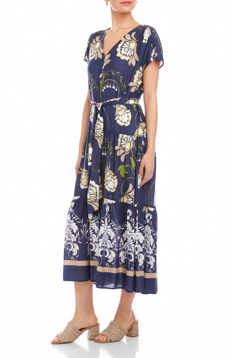 FIFTEEN TWENTY Tiered Tie Waist Midi Dress, Alternate, color, Blue Print