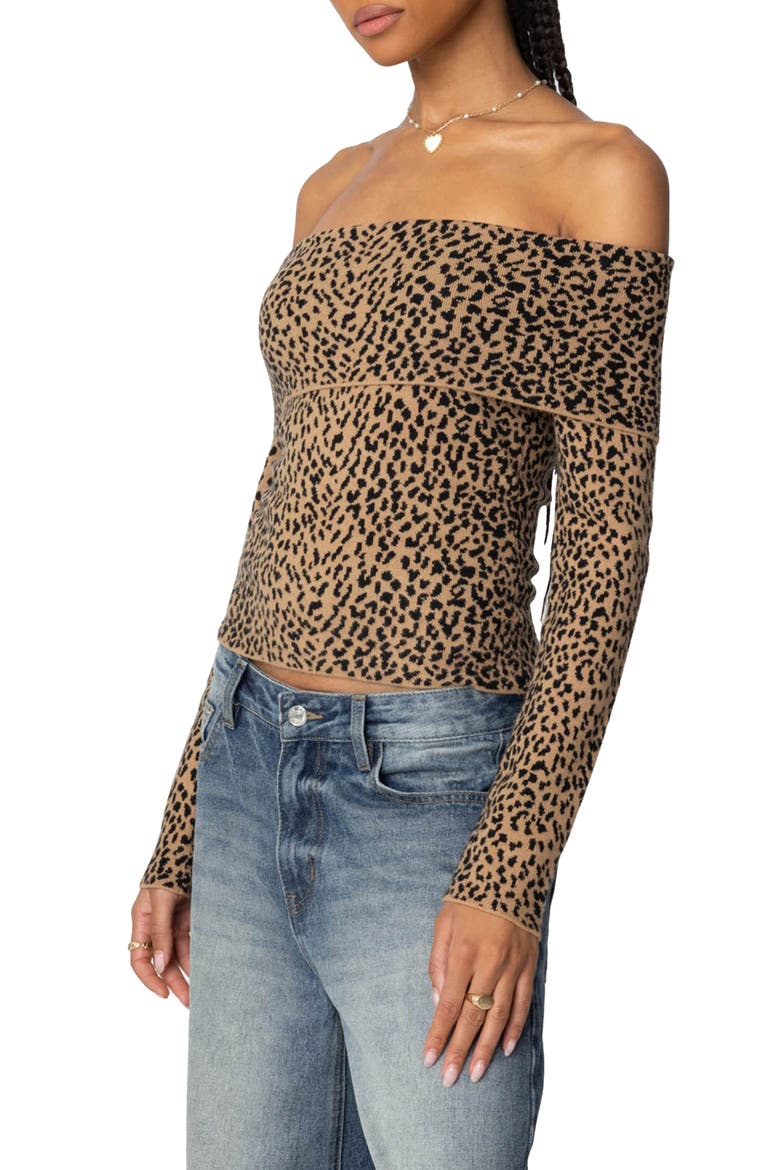 Leopard Print Fold Over Off the Shoulder Knit Top, Alternate, color, LEOPARD