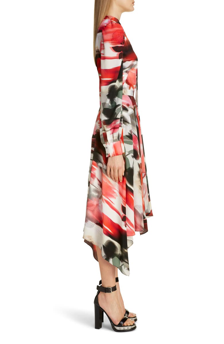 McQueen Alexander McQueen Rose Print Silk Asymmetrical Long Sleeve Dress, Alternate, color,