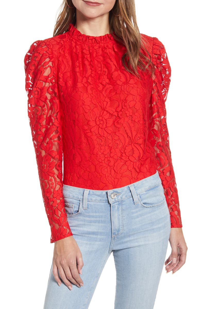 Rachel Parcell Ruffle Neck Lace Top, Main, color, 