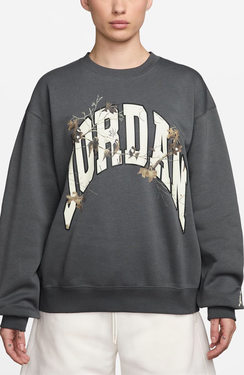 Jordan x Realtree Brooklyn Fleece Graphic Crewneck Sweatshirt, Main, color, Iron Grey/ Sail