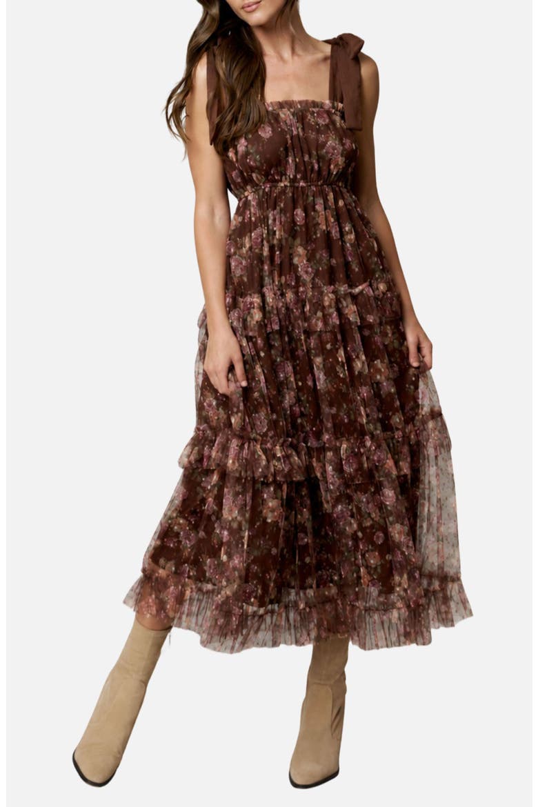 Tie Strap Ruffle Tiered Floral Chiffon Midi Dress, Main, color, BROWN MULTI