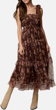 Blu Pepper Tie Strap Ruffle Tiered Floral Chiffon Midi Dress