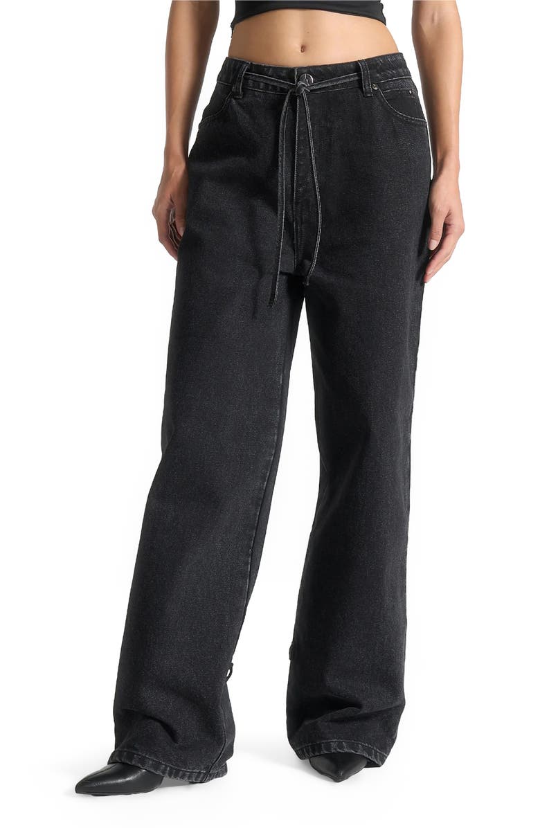Manière De Voir Faye Wide Mid Rise Jeans with Tie Waist, Alternate, color, Washed Black