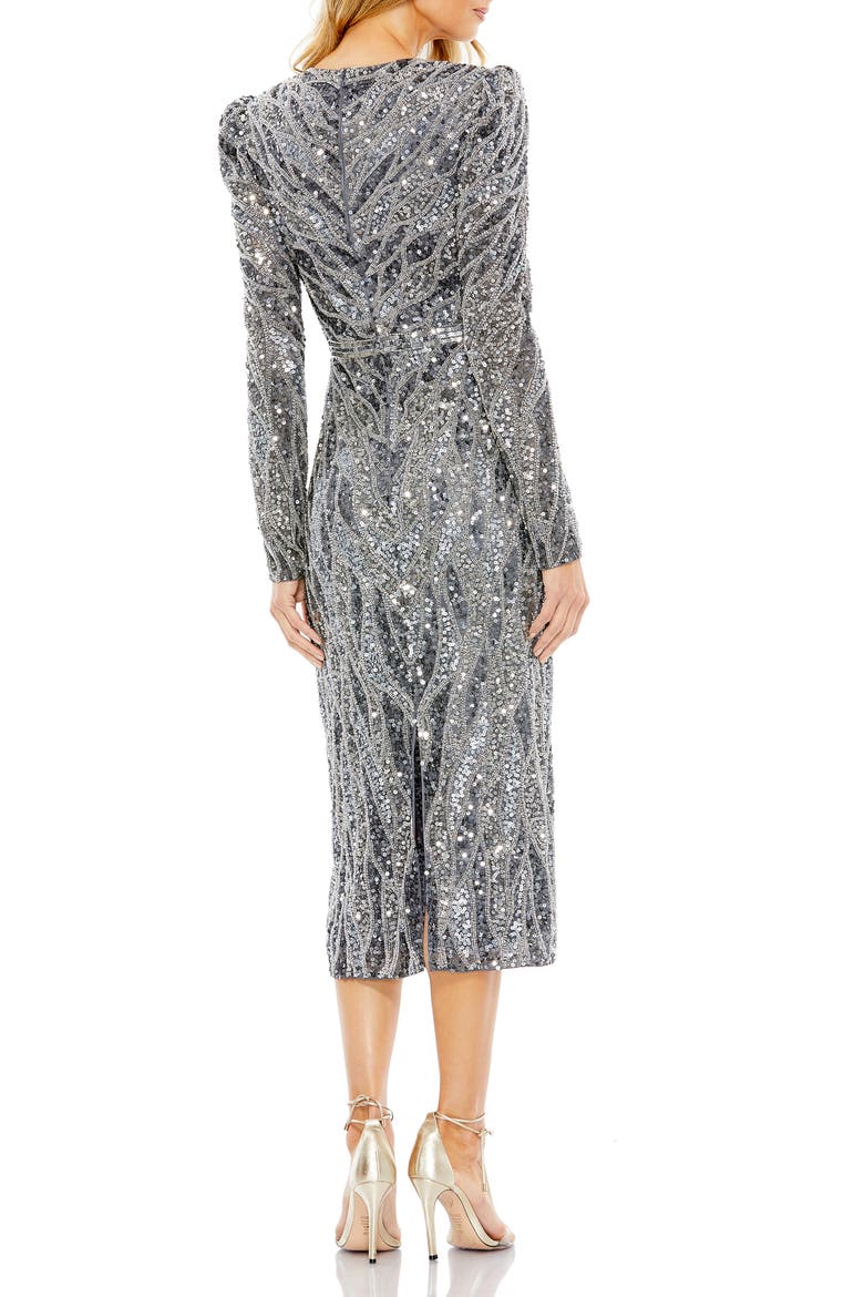 Long Sleeve V-Neck Beaded Cocktail Dress, Alternate, color, CHARCOAL