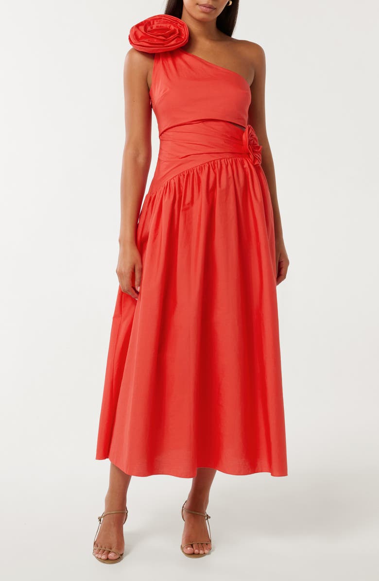Ever New Josefina One-Shoulder Poplin Midi Dress, Main, color, Flame Scarlet
