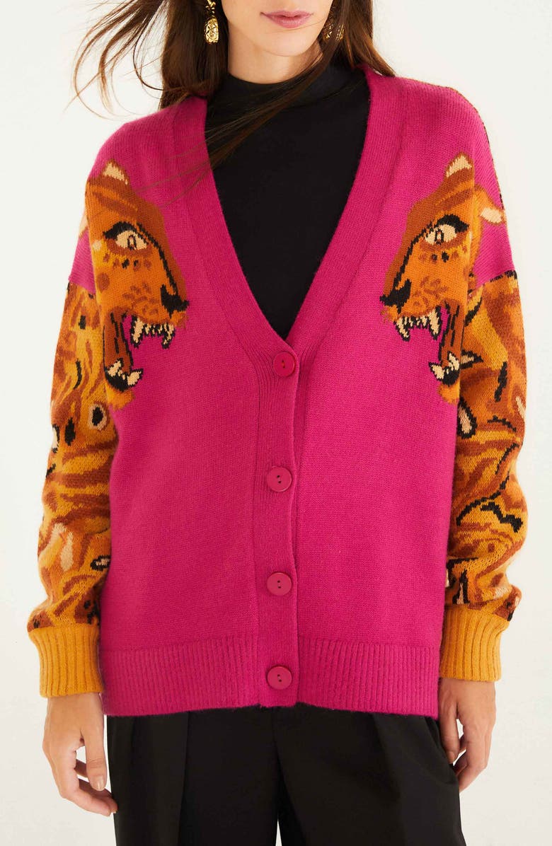 FARM Rio Intarsia Tiger Colorblock Cardigan, Main, color, Bold Tiger