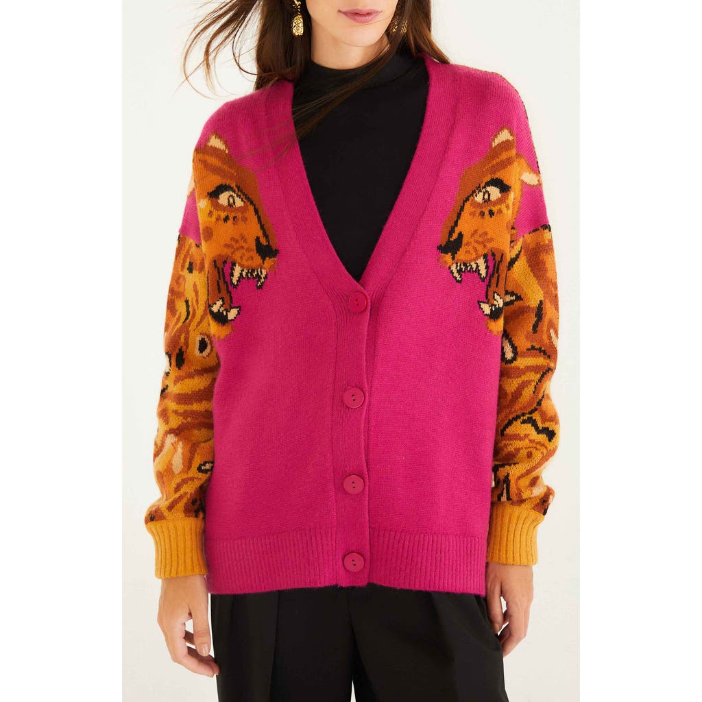 Farm Rio Intarsia Tiger Colorblock Cardigan In Multi