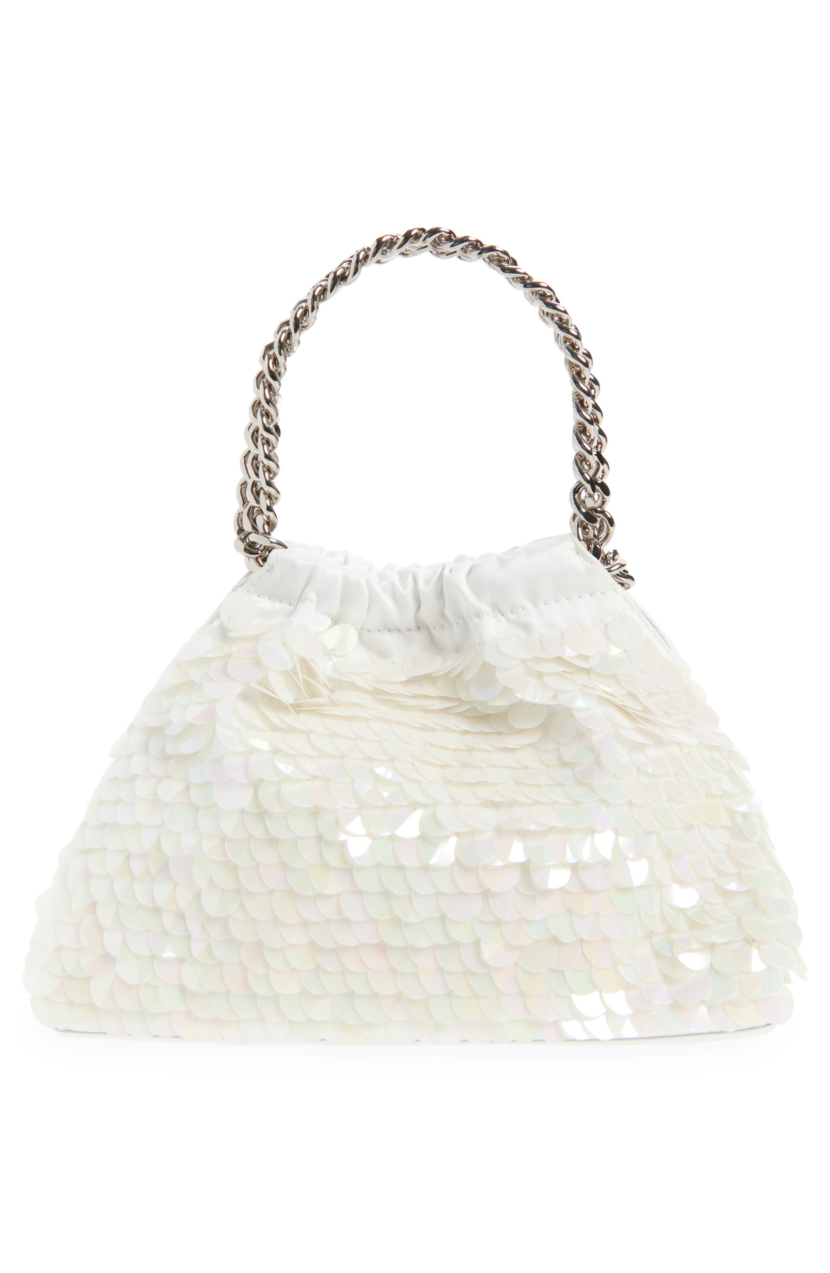 Stella McCartney Mini Falabella Sequin Drawstring Bag, Alternate, color, White