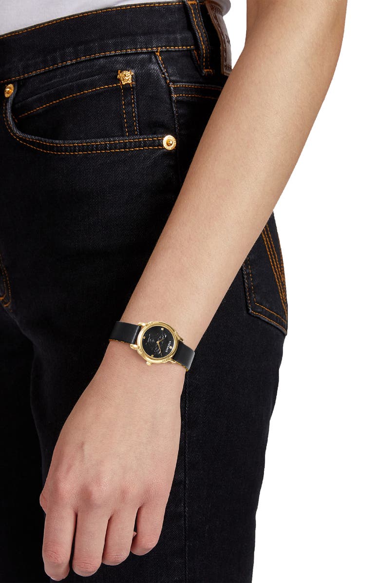 Versace Medusa Embossed Leather Strap Watch, 34mm, Alternate, color, 