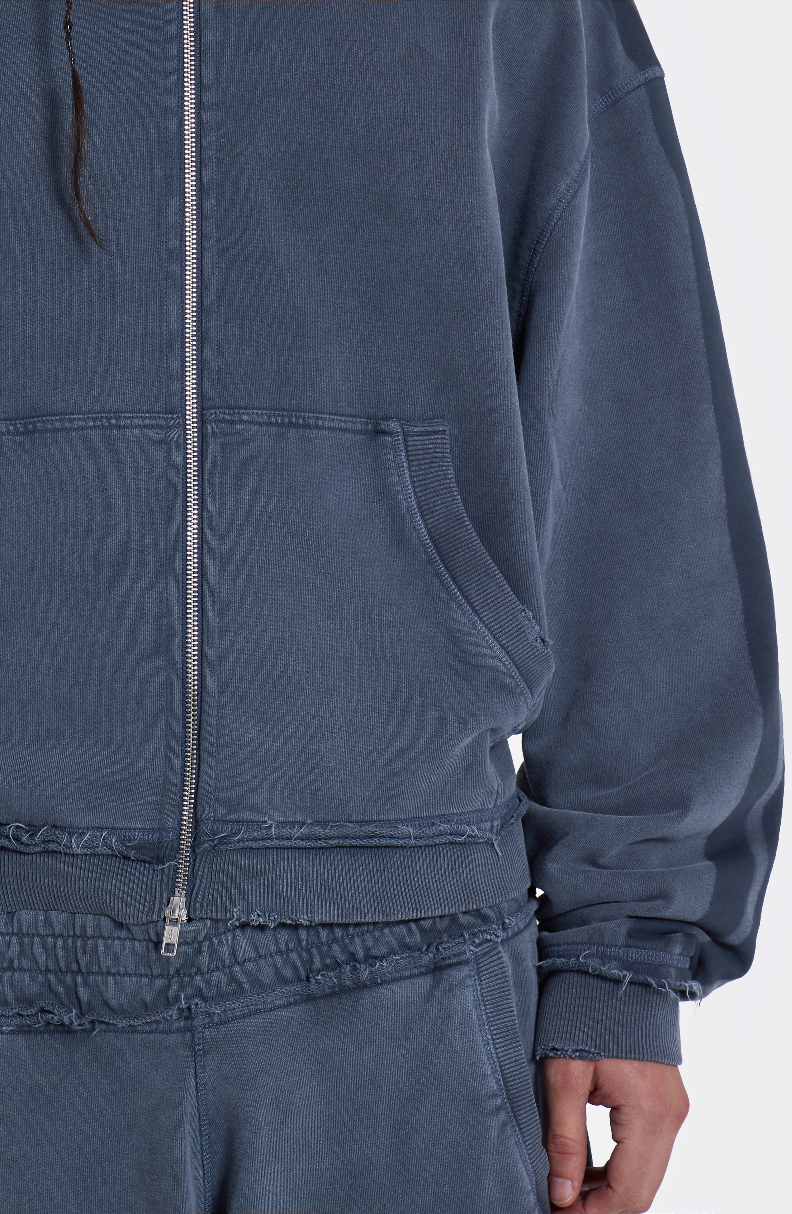 Zip Front Denim Wash Distressed Hoodie (Men) | Nordstrom