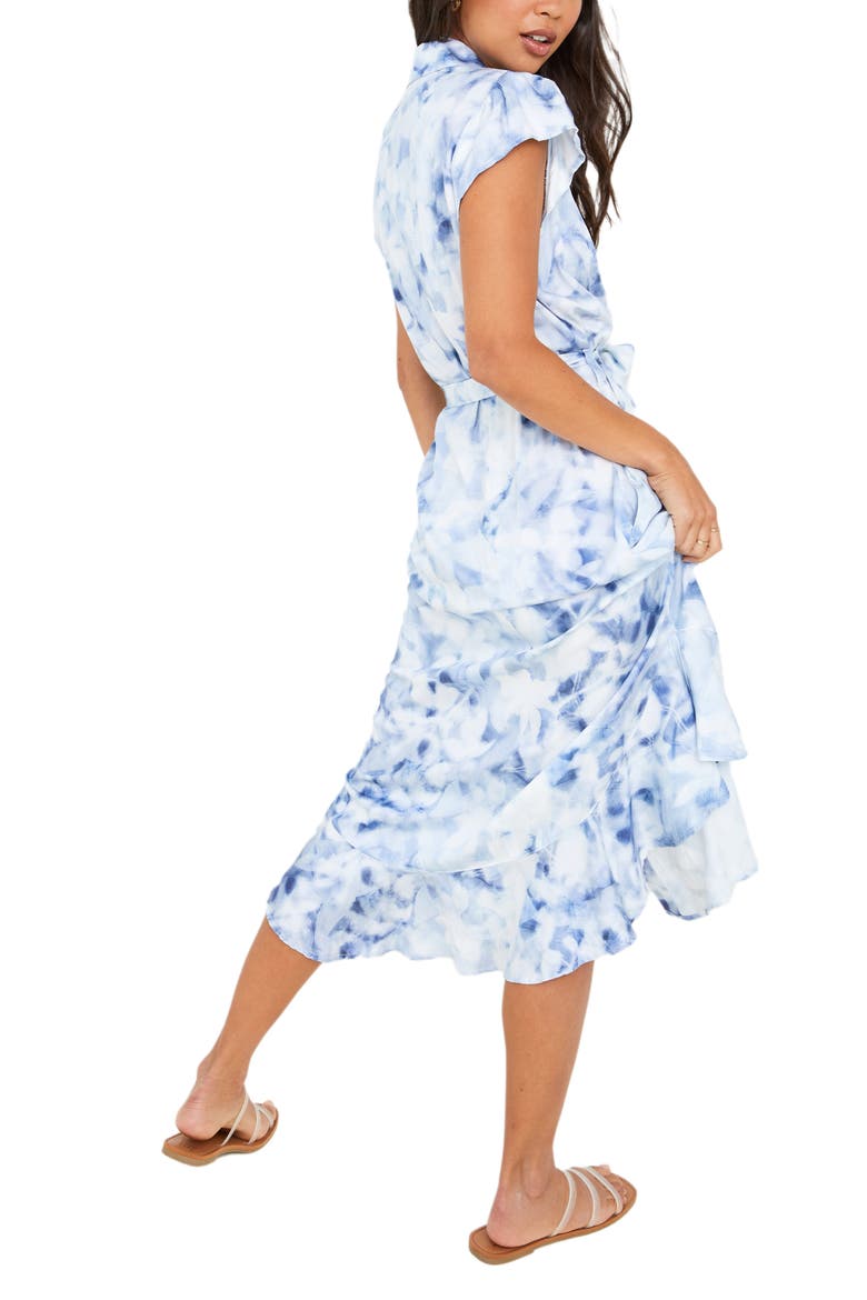 Floral Ruffle Hem Midi Shirtdress, Alternate, color, INDIGO PETAL PRINT