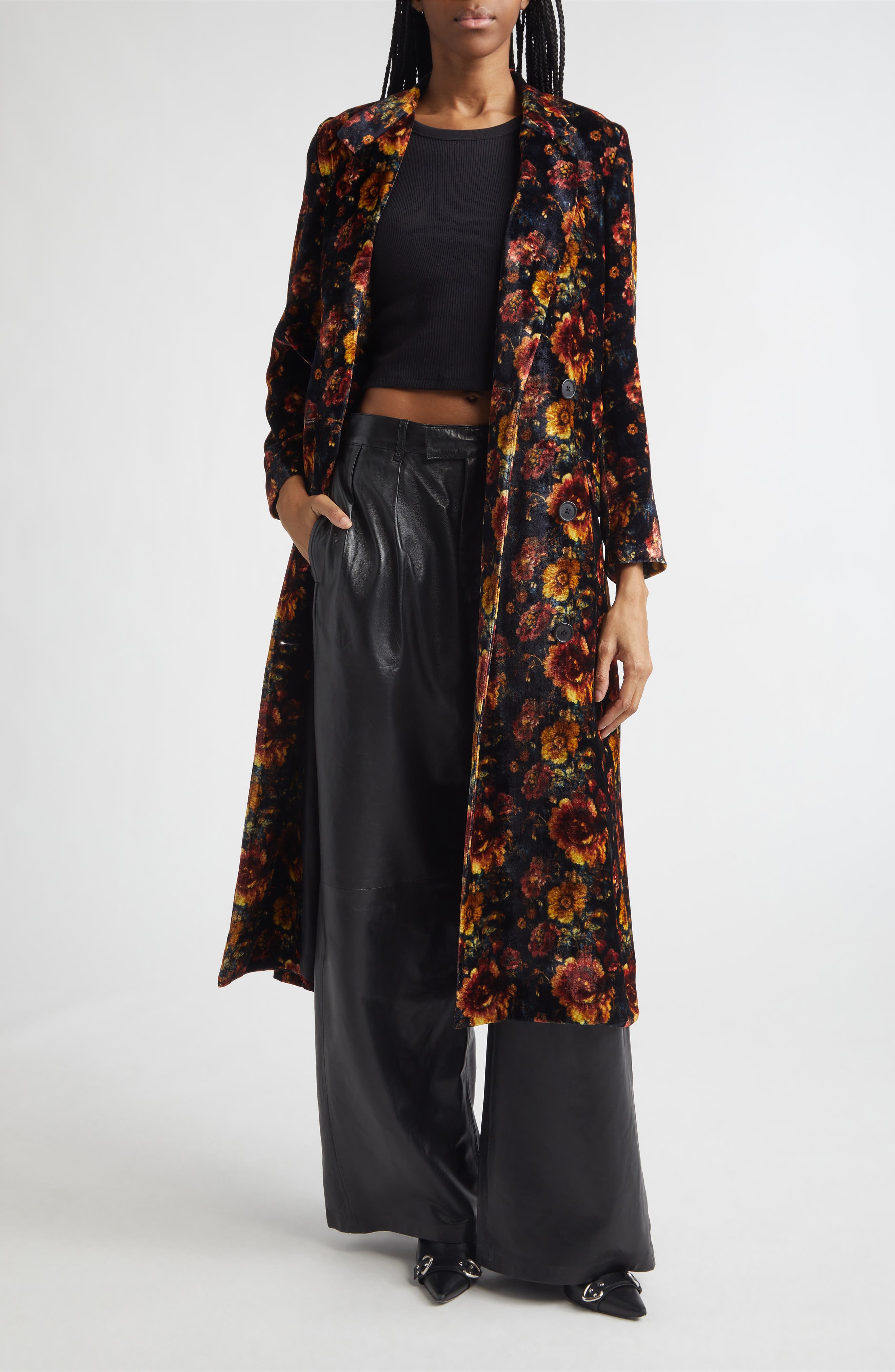 Drapey Floral Double Breasted Velvet Duster Coat