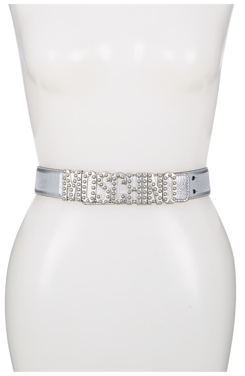 Moschino Thick Leather Studded Logo Belt, Main, color, 